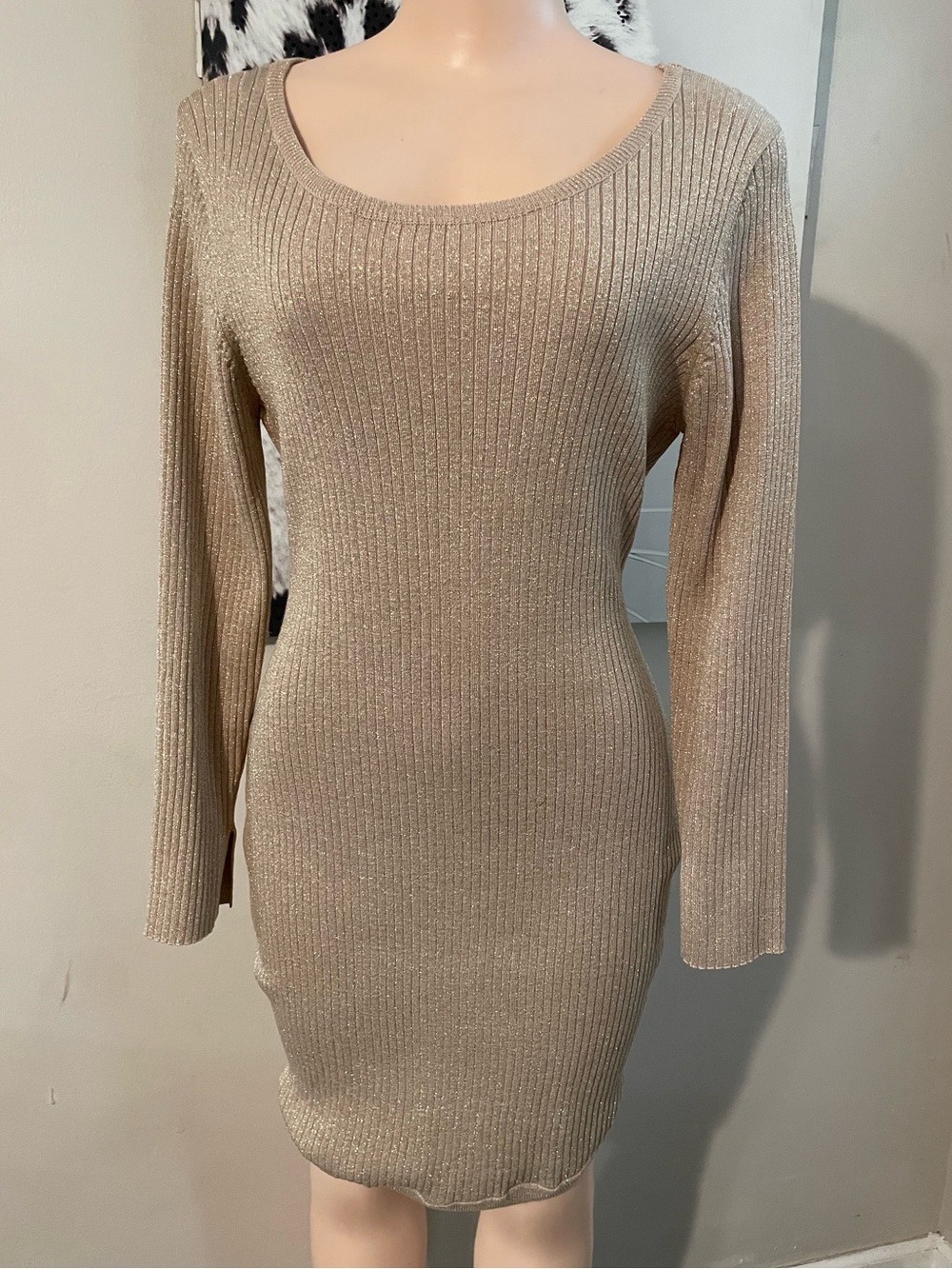 New vintage Gold champagne ribbed knit metallic bodycon dress swoop neck 2X